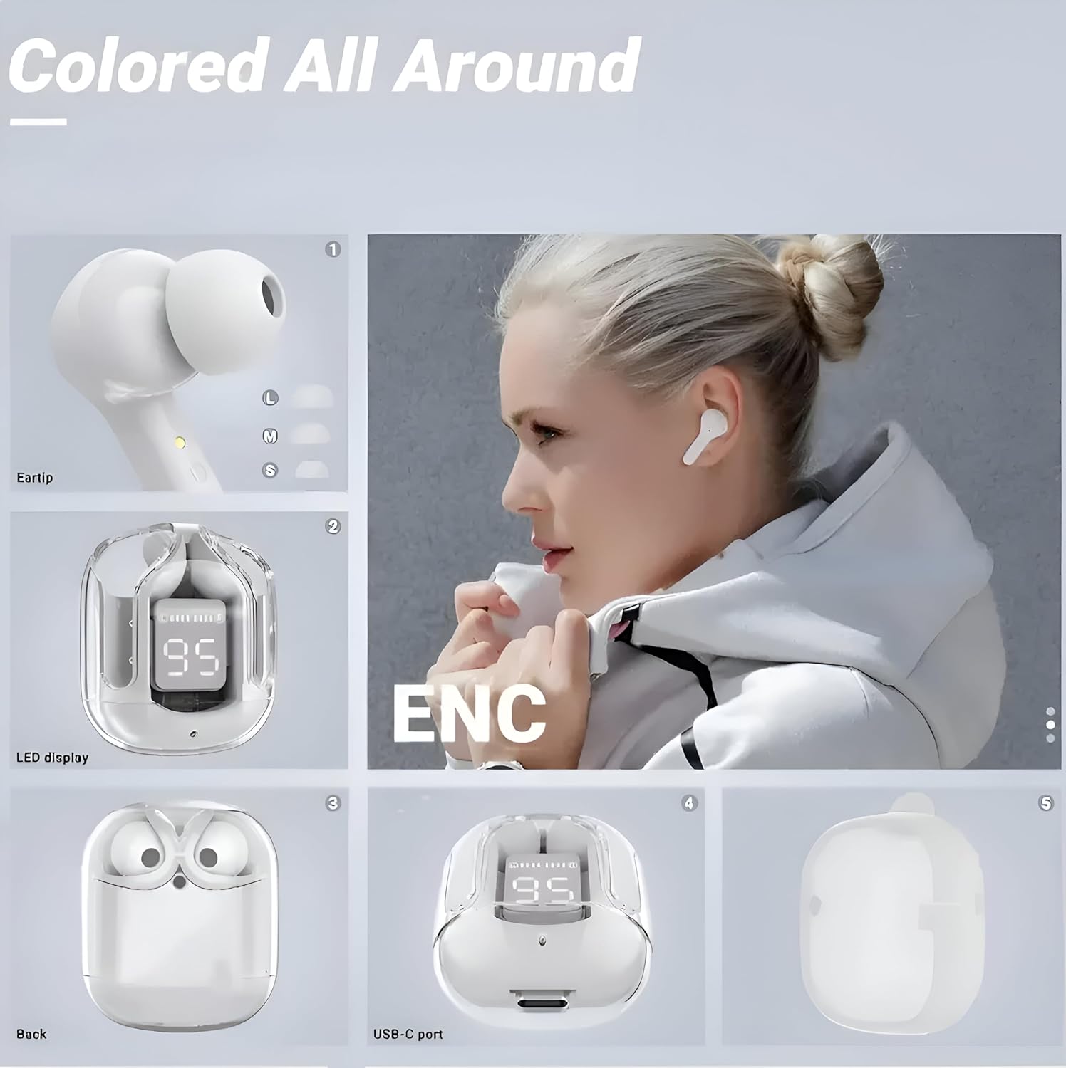 Wireless Earbuds, Bluetooth 5.3 Headphones in Ear with HiFi Stereo Bass, 4 ENC Noise Cancelling Mics Earphones 20H Playtime, Bluetooth Earbuds LED Display, IPX4 Water Resistant, USB-C Fast Charge
