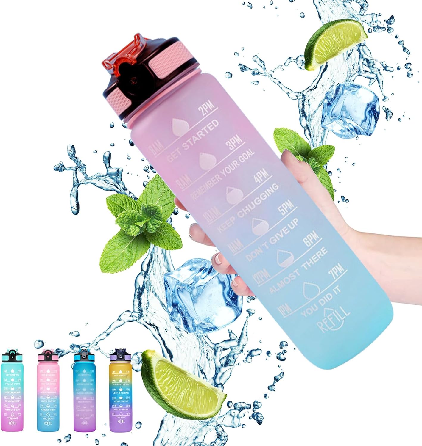 Gaiayhc Sports Water Bottle 1 L,Motivational Water Bottle with Time Marker and Straw,30oz Leakproof Design Water Bottle Sports,Hiking,Gym,Fitness,Outdoor,Cycling,School & Office，Gradient Blue Powder