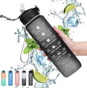 Sports Water Bottle 1 L Motivational Water Bottle with Time Marker and Straw,30oz Leakproof Design Water Bottle Sports,Hiking,Gym,Fitness,Outdoor,Cycling,School & Office, Gradient Blue Powder
