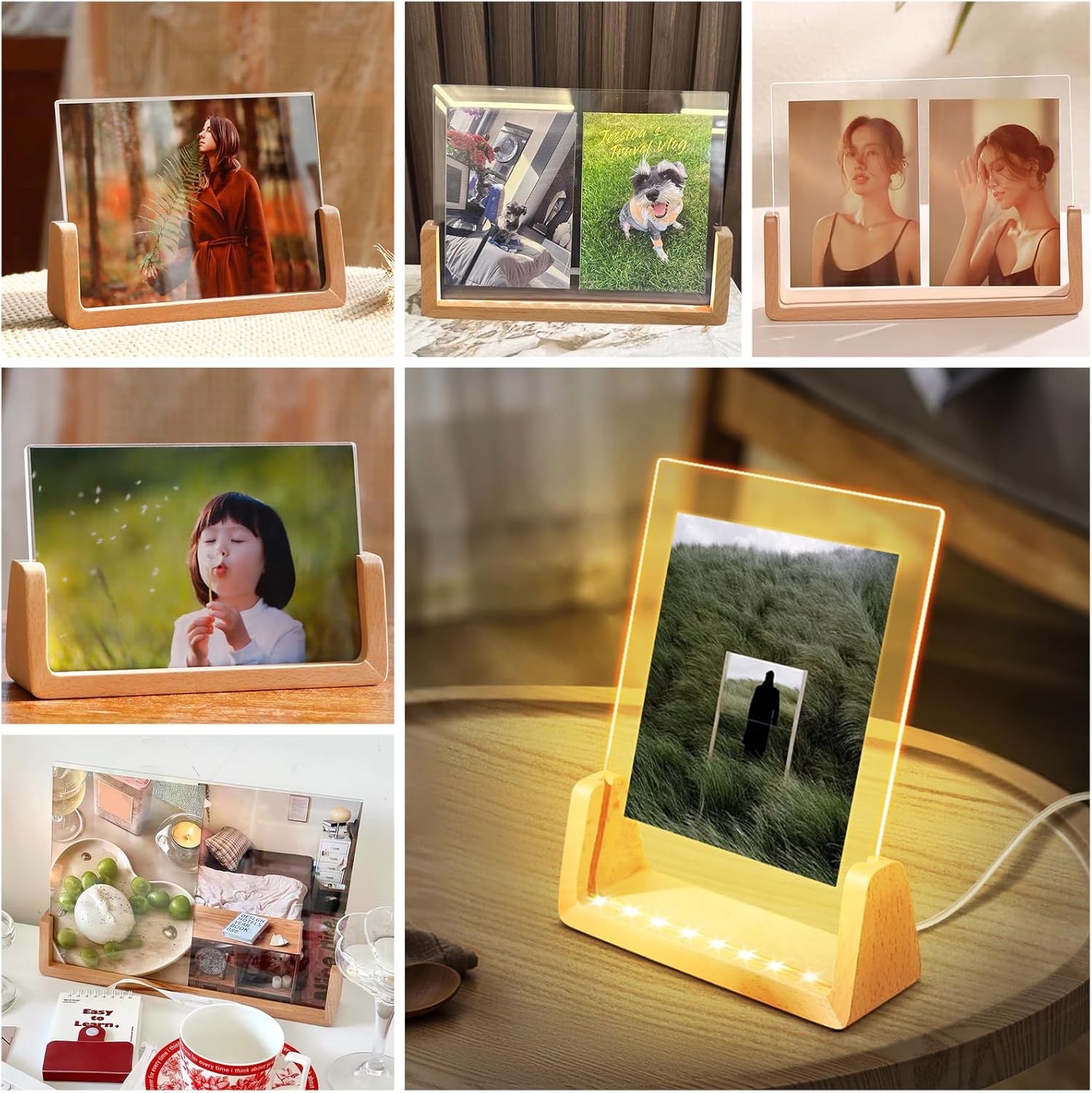 YWNYT Photo Frame Light Base, LED Lights Display Base, LED Picture Frame, Dual-Function Daytime Photo Frame & Night Light, Wooden Display Pedestal Art Lights Display Stand Photo Show (8-inch Warm)