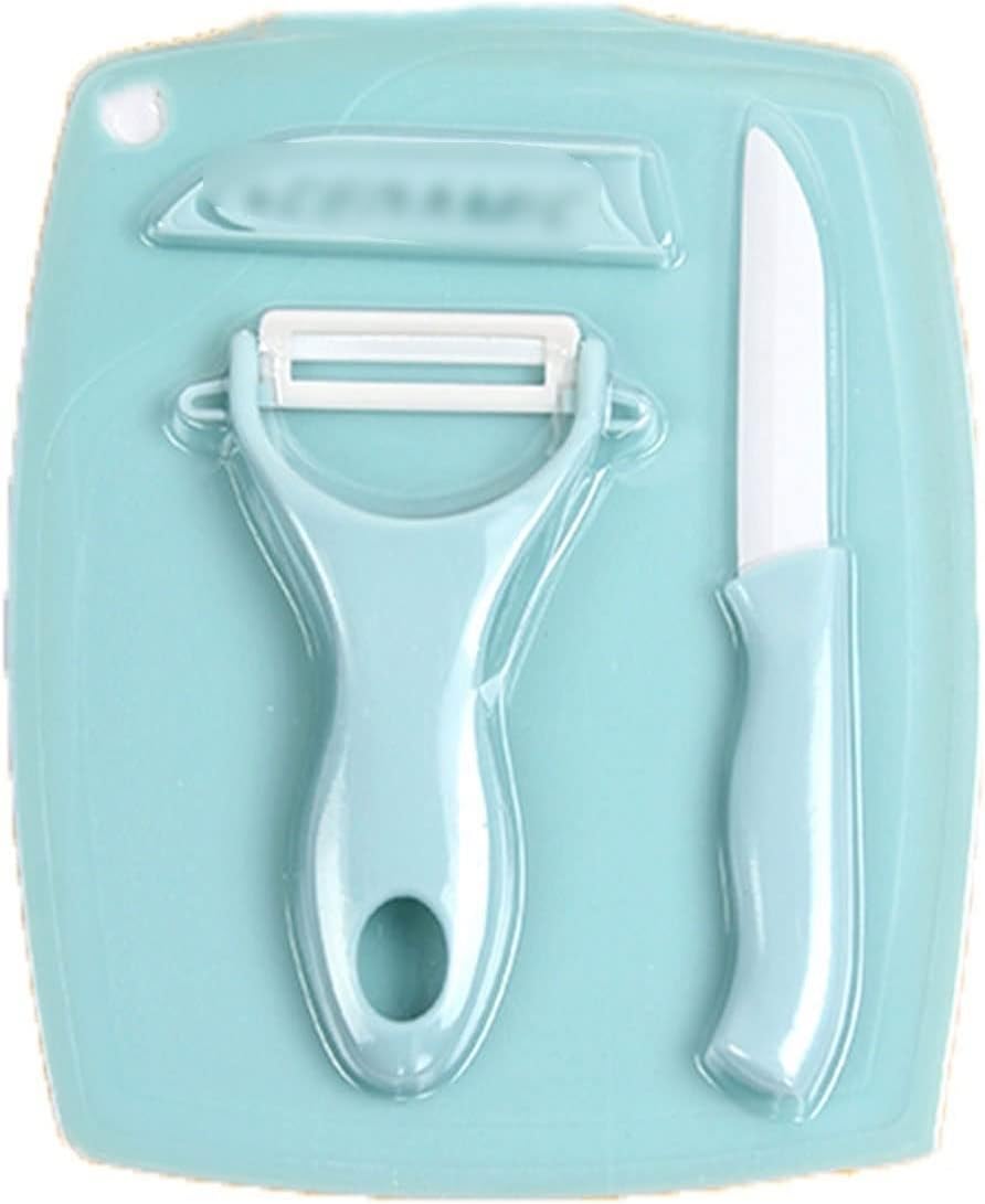 ALLYLIKE Cutting board Ceramic Knife 3 Piece Suit Portable Mini Kitchen Household Kitchen Knife Chopping Board Melon and Fruit Knife Peeler(Blue)