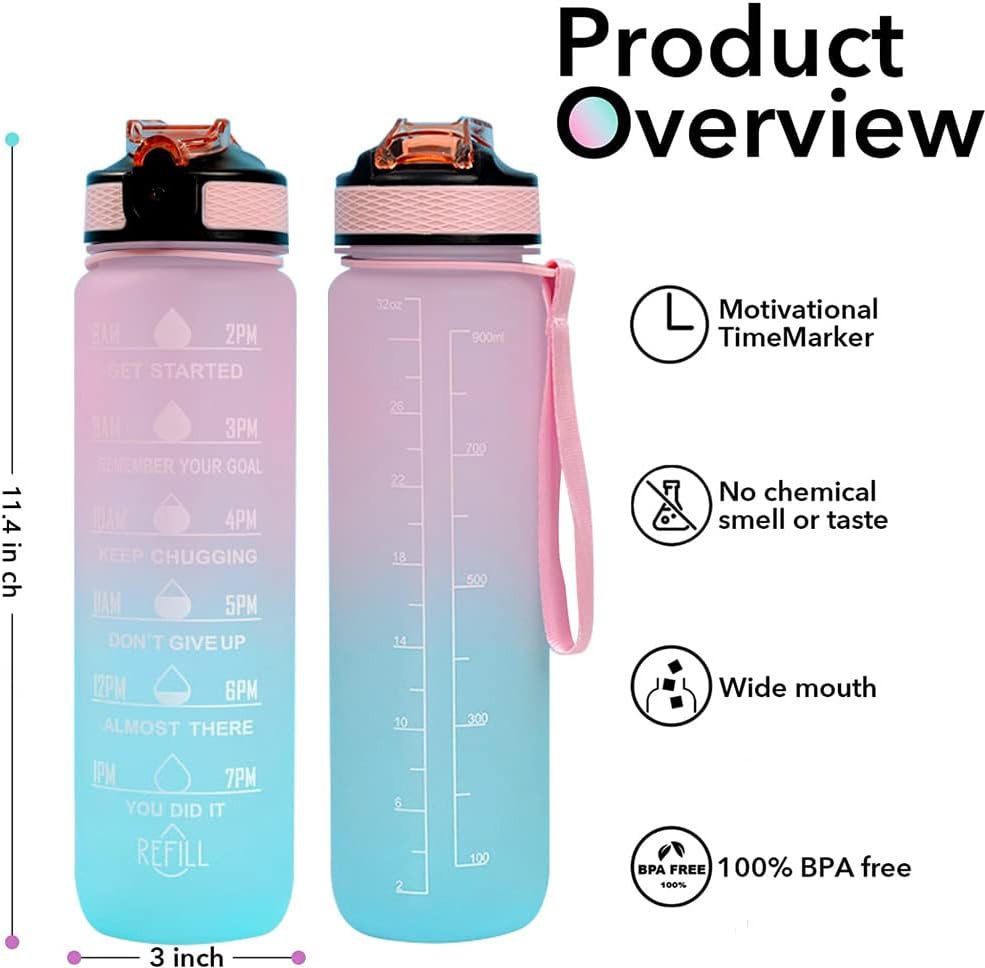 Gaiayhc Sports Water Bottle 1 L,Motivational Water Bottle with Time Marker and Straw,30oz Leakproof Design Water Bottle Sports,Hiking,Gym,Fitness,Outdoor,Cycling,School & Office，Gradient Blue Powder