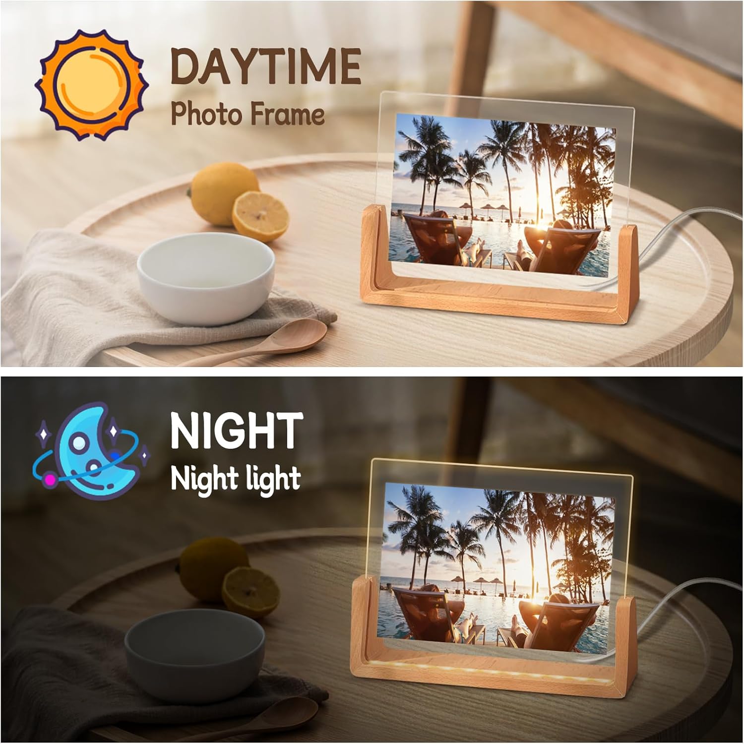 YWNYT Photo Frame Light Base, LED Lights Display Base, LED Picture Frame, Dual-Function Daytime Photo Frame & Night Light, Wooden Display Pedestal Art Lights Display Stand Photo Show (8-inch Warm)