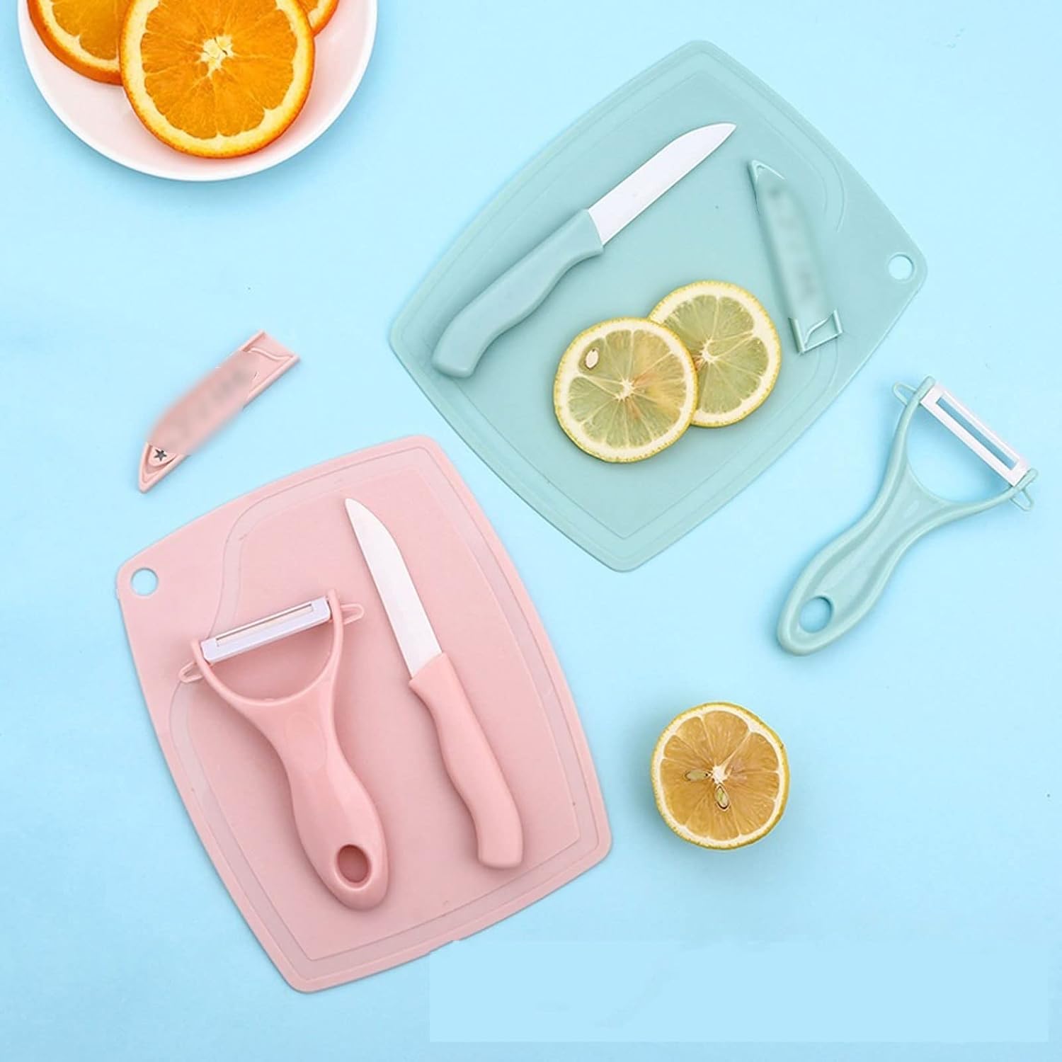 ALLYLIKE Cutting board Ceramic Knife 3 Piece Suit Portable Mini Kitchen Household Kitchen Knife Chopping Board Melon and Fruit Knife Peeler(Blue)