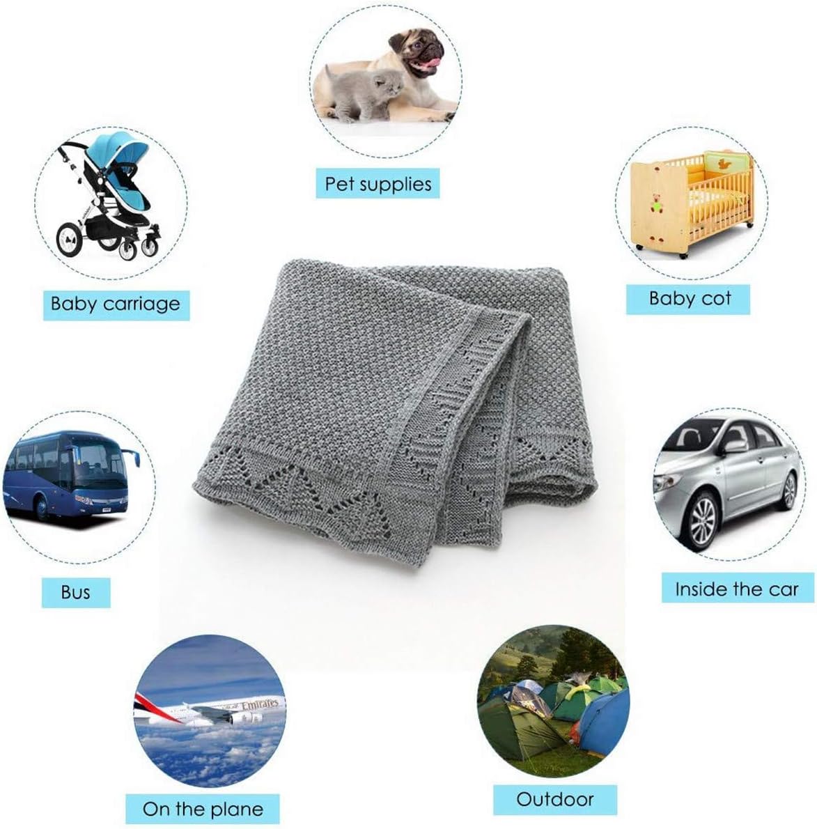 Surwin Baby Knitted Soft Blanket for Newborn, Warm Swaddle Wrap Stroller Cover Nursing Blanket Sleep Sack Stroller, Birthday Gift for Kids Boys and Girls (80x100cm,Sky blue)