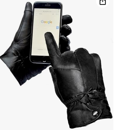 Womens Black Ladies Leather Gloves with Fur Trim Fleece Lined Winter Gift