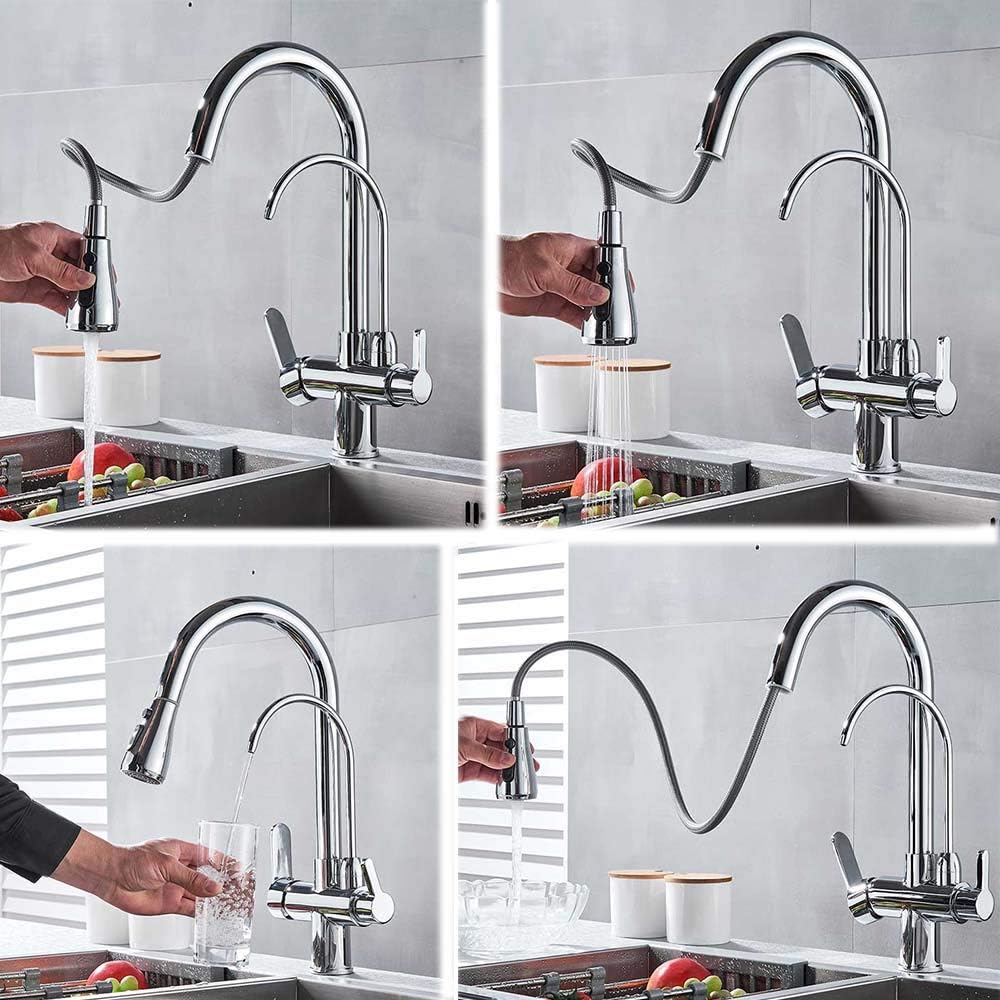Onyzpily 3 Ways Kitchen taps Pure Water Filter Pull Down 360° Swivel Dual Handle Kitchen Sink Mixer Taps Brass Chrome，Not Include Filter System