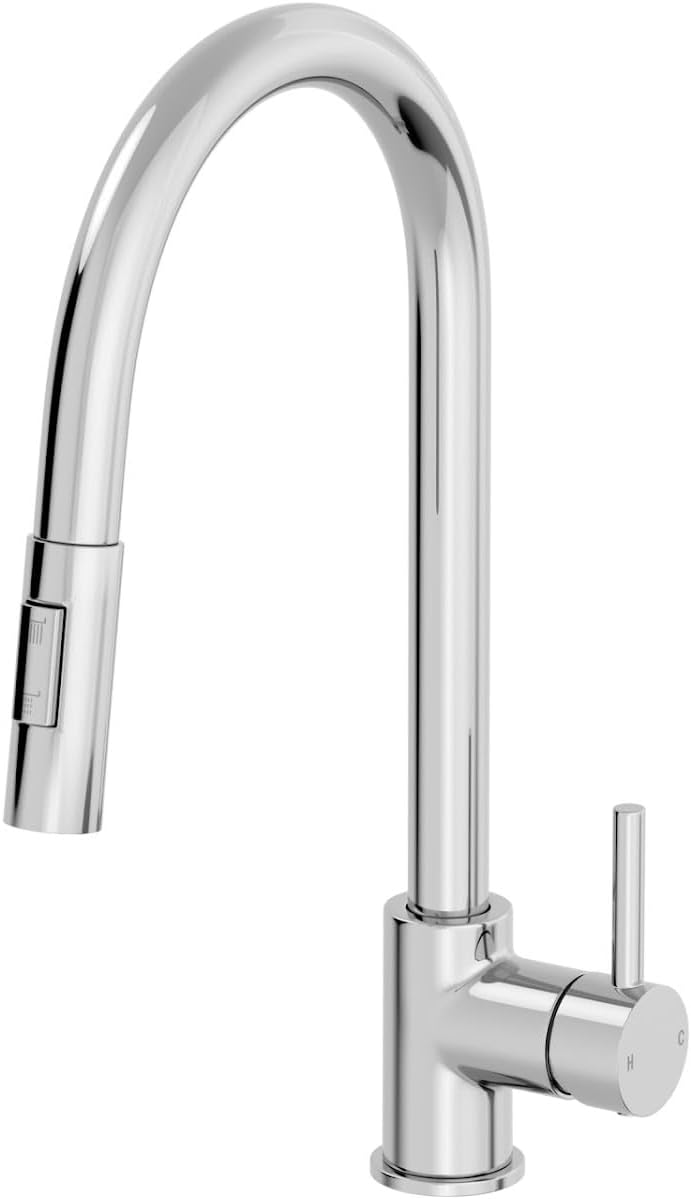 Lussena® Cascade Kitchen Sink Mixer Tap Pull Out Dual Spray Head 360 Degree Swivel Spout Brass Body Single Lever for Sinks Taps Modern Round, Chrome