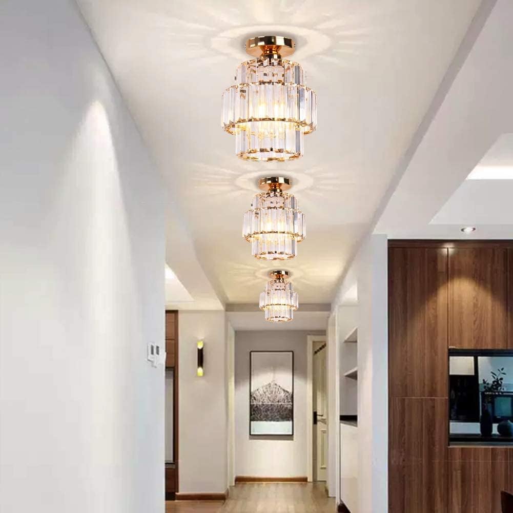 Cainjiazh Mini Chandelier Crystal Chandeliers Lighting Flush Mount Ceiling Light Double-Layers Crystal Modern Chandelier Lighting Fixture for Bedroom Hallway Bar Kitchen Living Room(Gold)