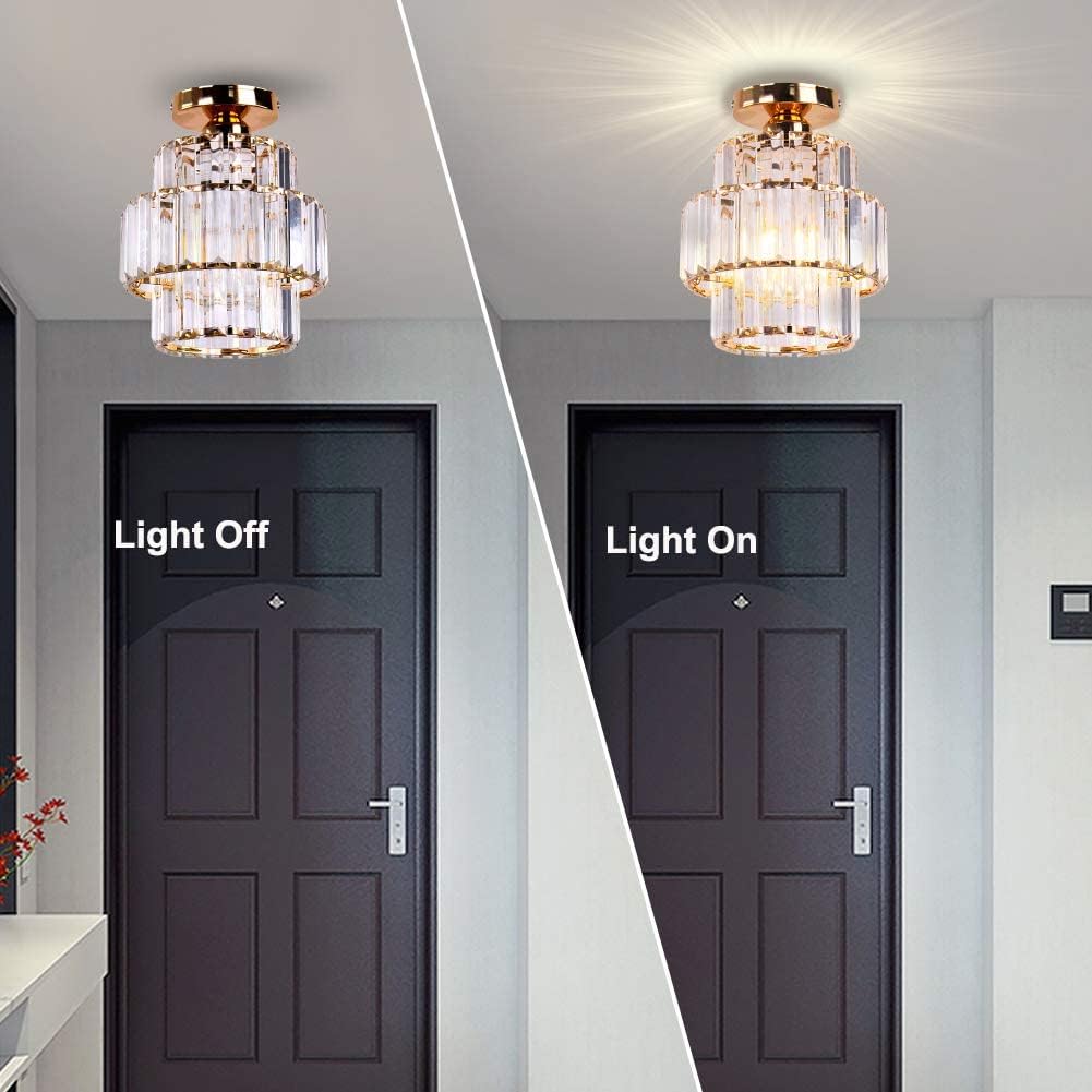 Cainjiazh Mini Chandelier Crystal Chandeliers Lighting Flush Mount Ceiling Light Double-Layers Crystal Modern Chandelier Lighting Fixture for Bedroom Hallway Bar Kitchen Living Room(Gold)