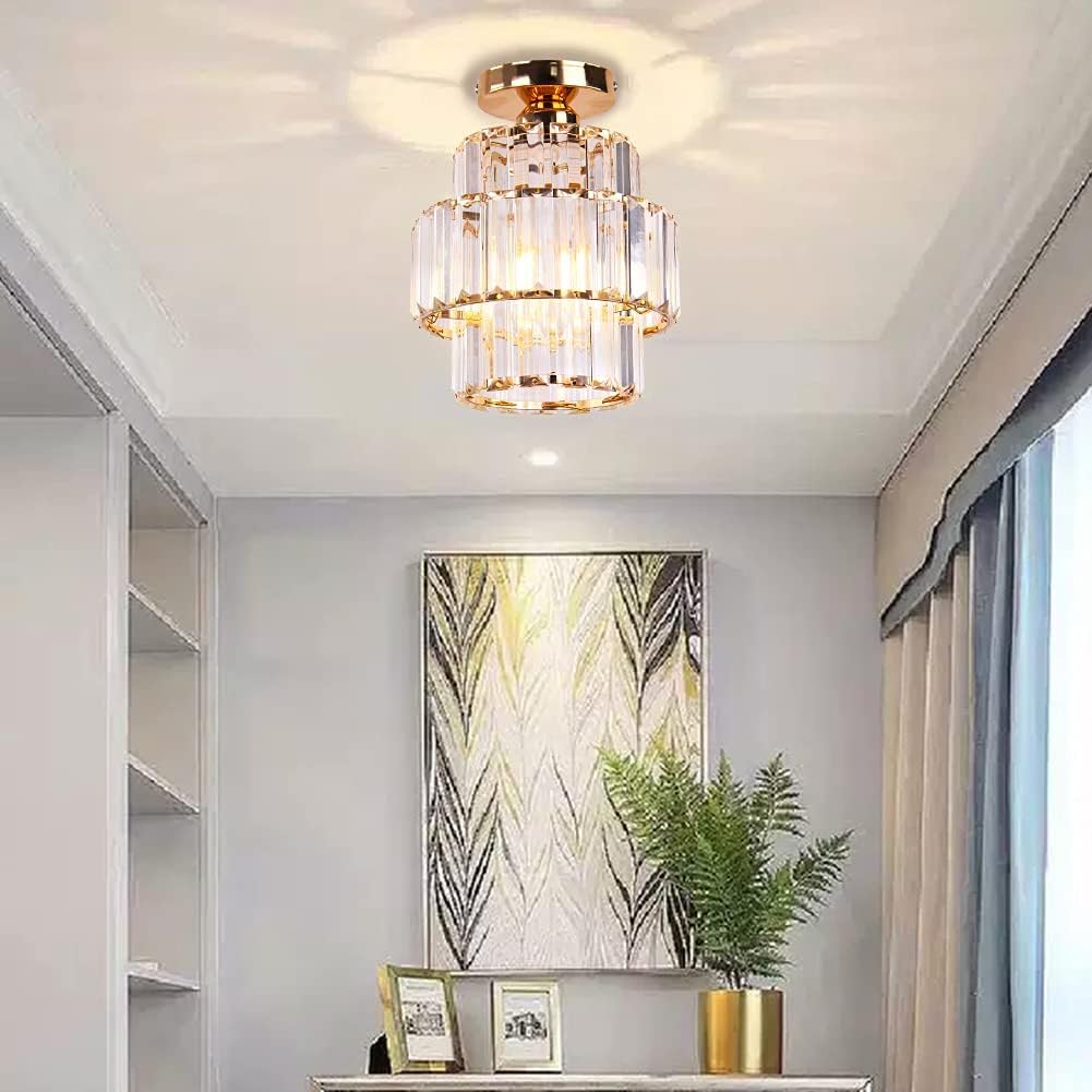 Cainjiazh Mini Chandelier Crystal Chandeliers Lighting Flush Mount Ceiling Light Double-Layers Crystal Modern Chandelier Lighting Fixture for Bedroom Hallway Bar Kitchen Living Room(Gold)