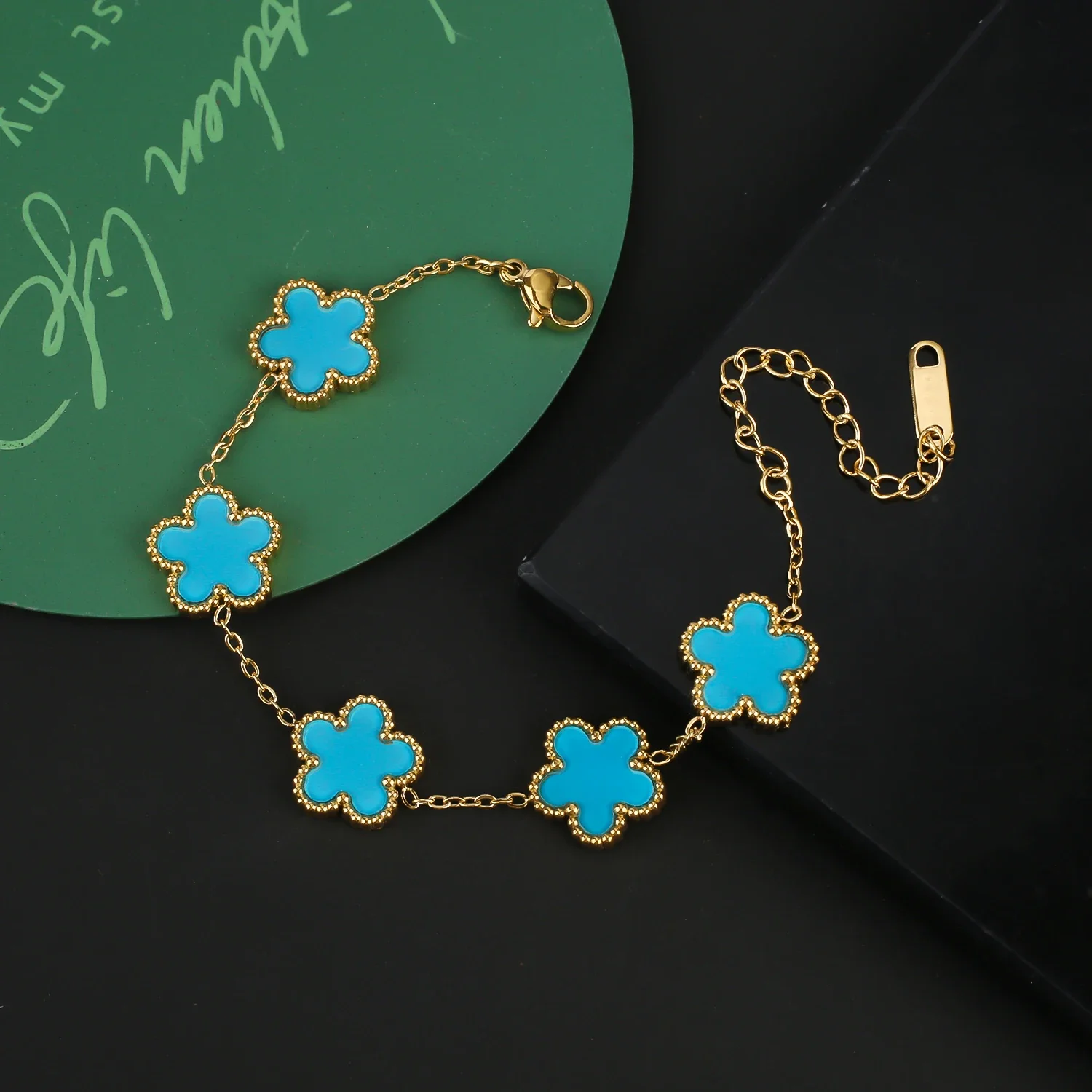 Hot Stainless Steel Gun Black Simple Plant Five-leaf Flower Bracelet Necklace Earrings Three-piece Jewellery Set Ladies Clover