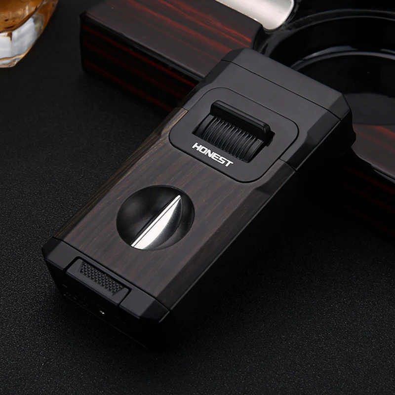 Honest Creative Double Blue Flame Lighter Adjustable Flame Bottom V-shaped cigar cutter Visual Gas Tank Ignition Man Gadgets