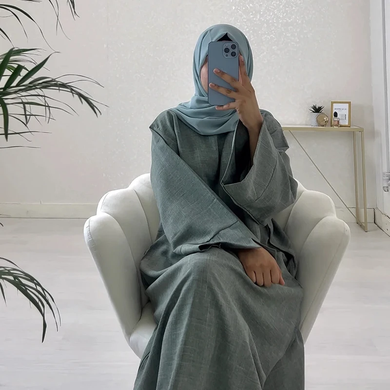EID new design closed cotton linen polyester abaya custom pockets side loose-fitting anti-pilling dubai abaya women muslim dress