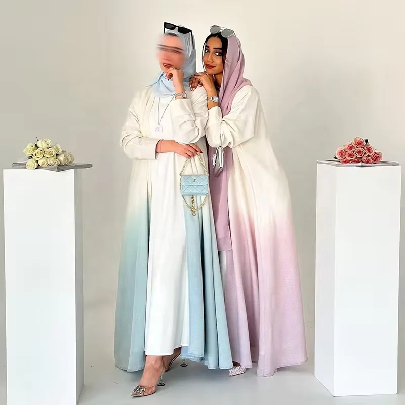 2024 Latest design custom gradient open abaya dress set dubai muslim cardigan kimono with a free matching hijab