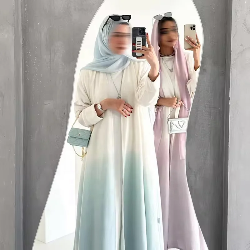 2024 Latest design custom gradient open abaya dress set dubai muslim cardigan kimono with a free matching hijab