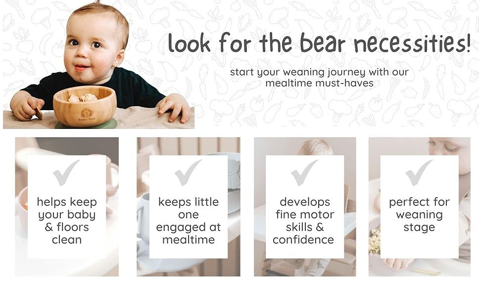 TEENY WEANY Baby Bamboo FEEDING SET Suction Bowl, Plate & Spoon Set | Stay Put Toddler Led Feeding Bowls & Plates