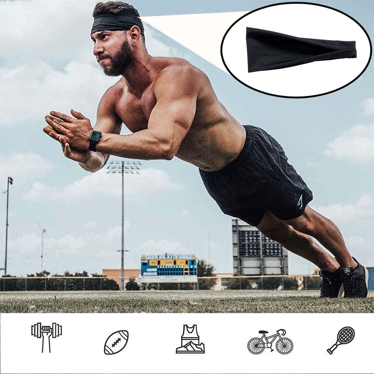 3Pcs Men's and Women's Sports Headbands Elasticated Wide Hairbands Men's Sports Sweatband and Sports Headbands Suitable for Running Cross Training Racket sports and fitness (Brown Black Navy Blue)