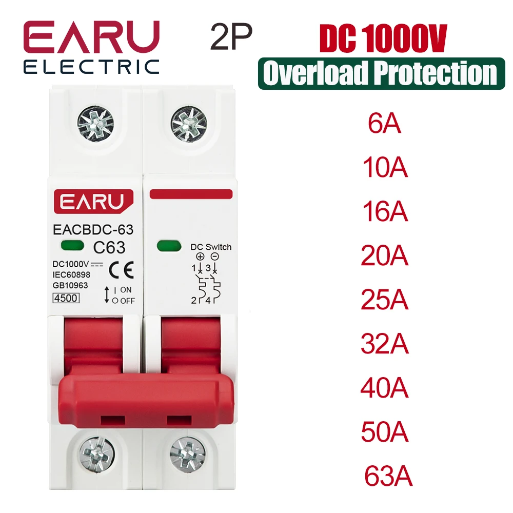 DC 1000V Solar Mini Circuit Breaker Overload Protection Switch 6A/10A/16A/20A/25A/32A/40A/50A/63A 2P DC1000V Photovoltaic MCB PV
