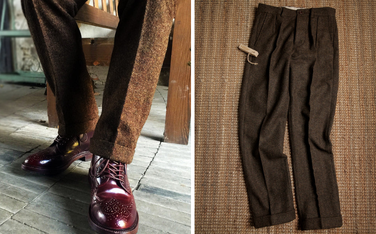 British Retro Brown Tweed Double Pleated Trousers(Annual Ring)