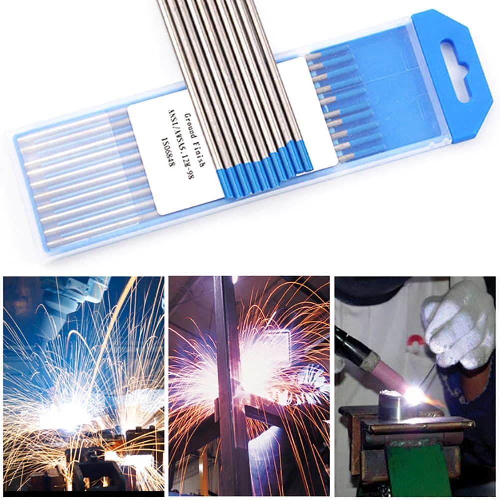 TIG Welding Tungsten Electrodes, 10 Pcs Tungsten Electrode Rod Welding Stick, Professional WL20 Lanthanated Tungsten 2% Blue Tip for Welding Aluminum Alloy Metal (2.4 * 150mm)