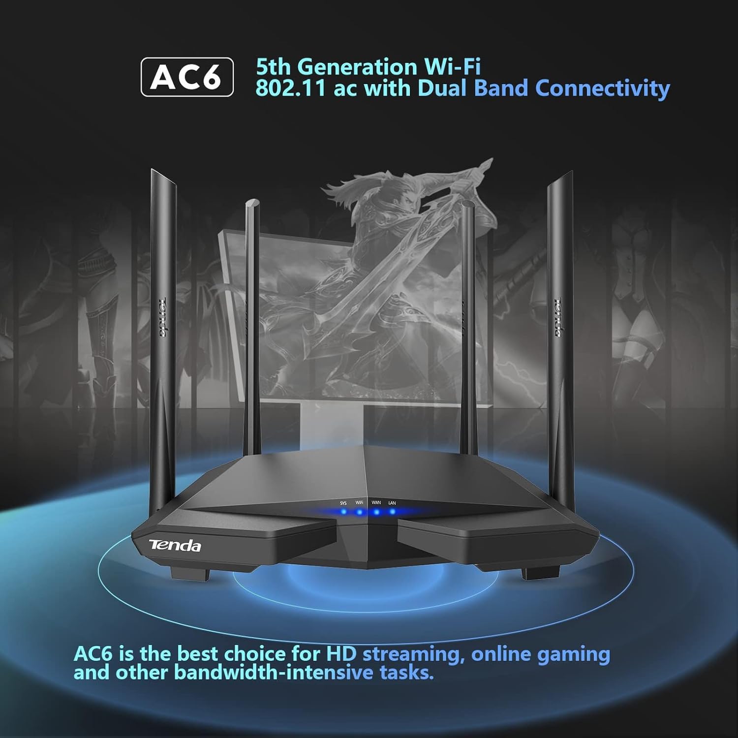 Tenda AC6 AC1200 Dual Band Wireless Cable Router,867Mbps/5GHz+ 300Mbps/2.4GHz, IPV6, Parental Control, Guest Network, 4 * 5dBi externe Antennen, WPS, Black