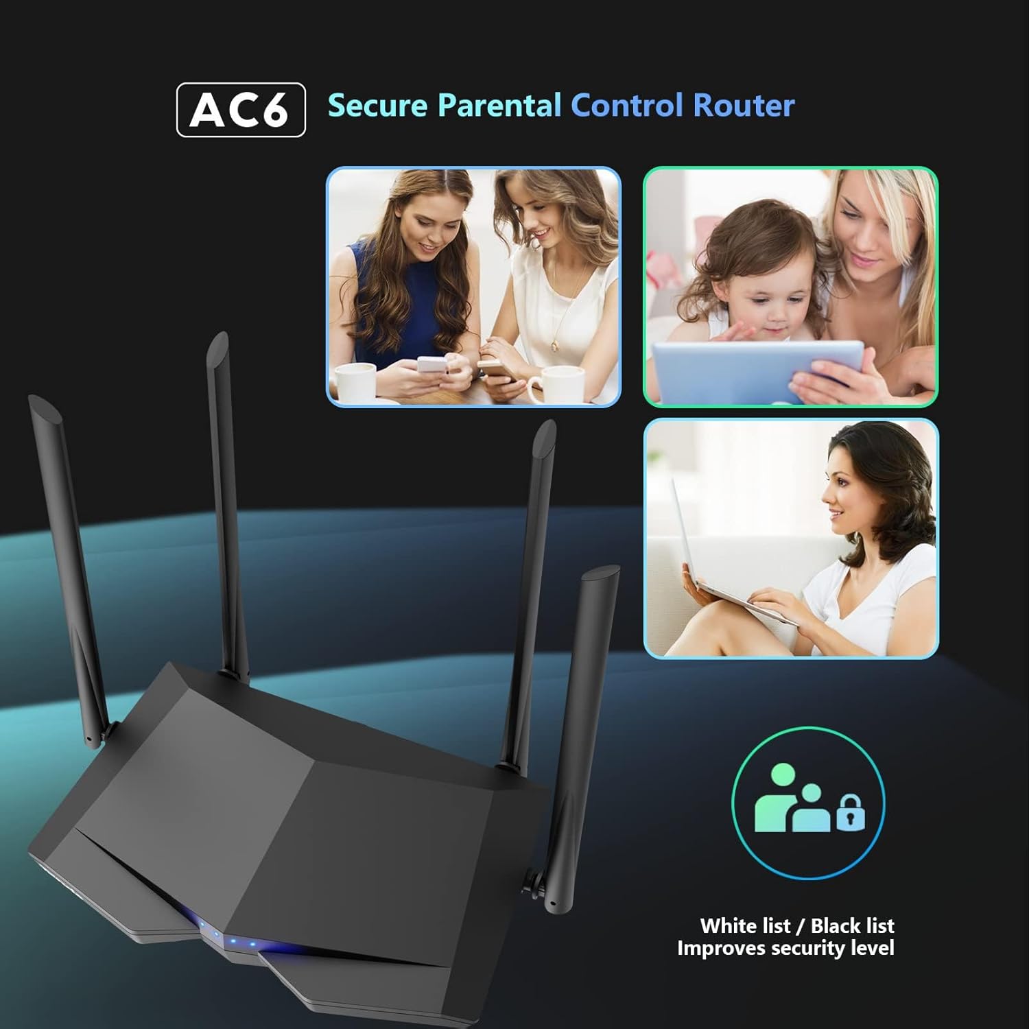 Tenda AC6 AC1200 Dual Band Wireless Cable Router,867Mbps/5GHz+ 300Mbps/2.4GHz, IPV6, Parental Control, Guest Network, 4 * 5dBi externe Antennen, WPS, Black