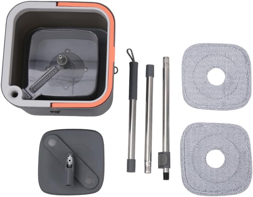 AMOS Advanced Spin Mop & Bucket Set - Self-Cleaning, 360-Degree Rotating Design with 3 Premium Microfiber Heads, Ideal for All Hard Floor Surfaces