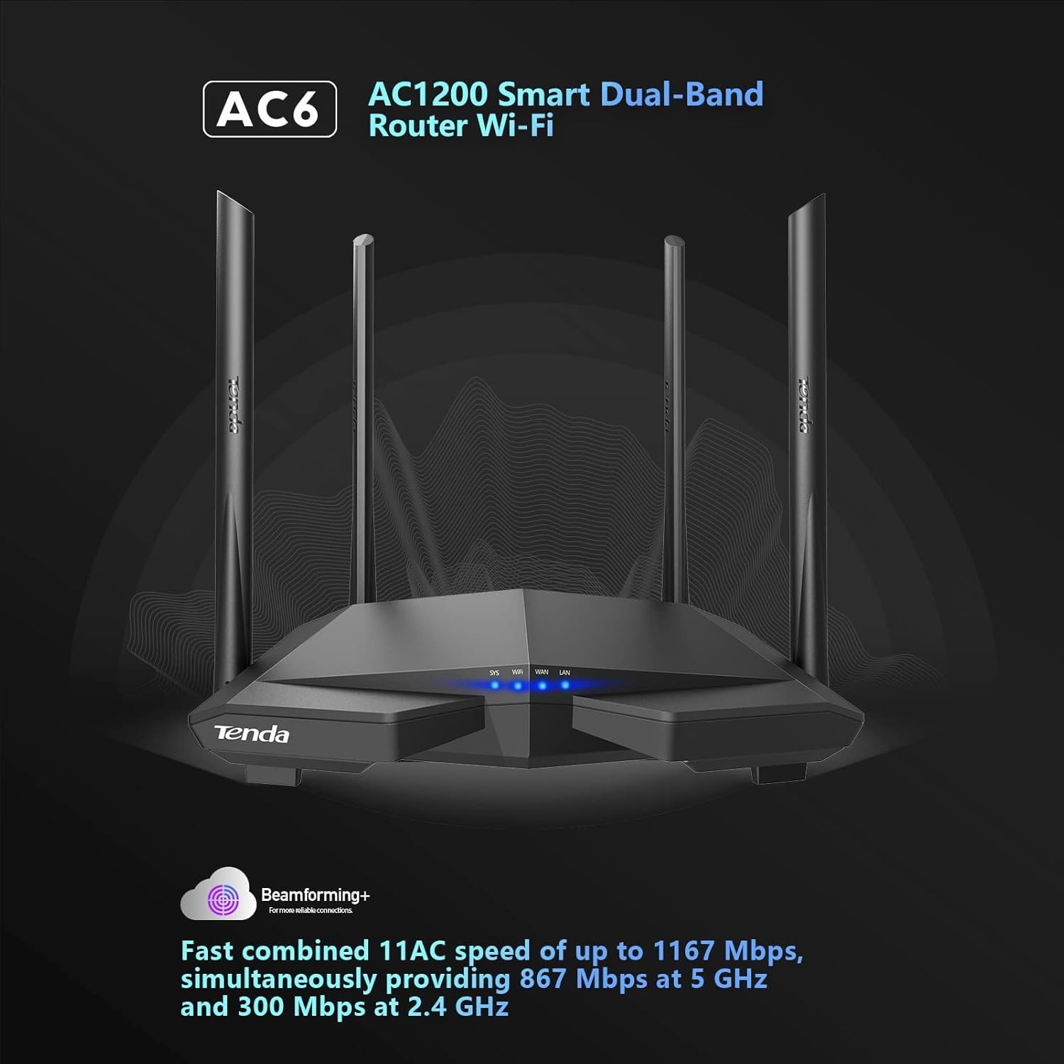 Tenda AC6 AC1200 Dual Band Wireless Cable Router,867Mbps/5GHz+ 300Mbps/2.4GHz, IPV6, Parental Control, Guest Network, 4 * 5dBi externe Antennen, WPS, Black