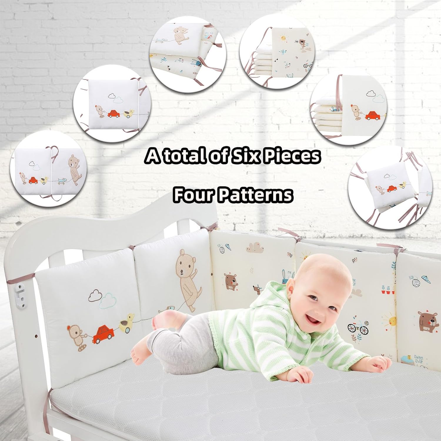 GYWZTJ Baby Cot Bumpers, Cot Bed Bumper Sets, Adjustable Baby Cot Bumper Set for Cot with Easy Install Velcro for All Sorts of Cribs, A Set Contains 6 Pieces of 30 × 30 cm Size Cot Bumper