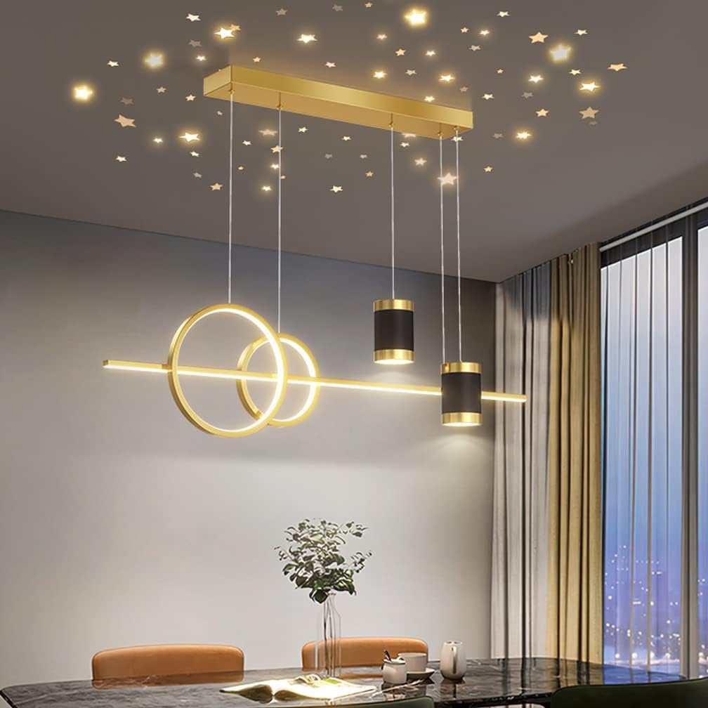 LED Pendant Ceiling Lights Kitchen Island Lamp Dining Room Lighting Dimmable Child Bedroom Hanging Fixture with Remote Control, Modern Projection Design 100cm Chandelier for Living Room (Gold)
