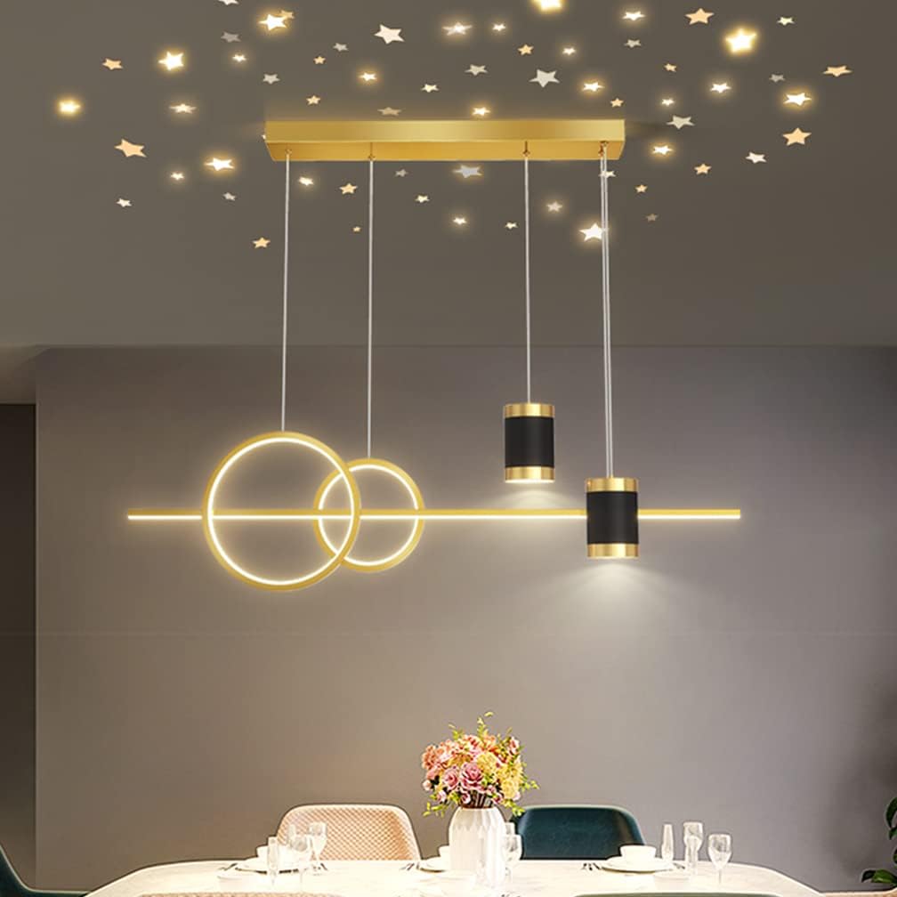 LED Pendant Ceiling Lights Kitchen Island Lamp Dining Room Lighting Dimmable Child Bedroom Hanging Fixture with Remote Control, Modern Projection Design 100cm Chandelier for Living Room (Gold)