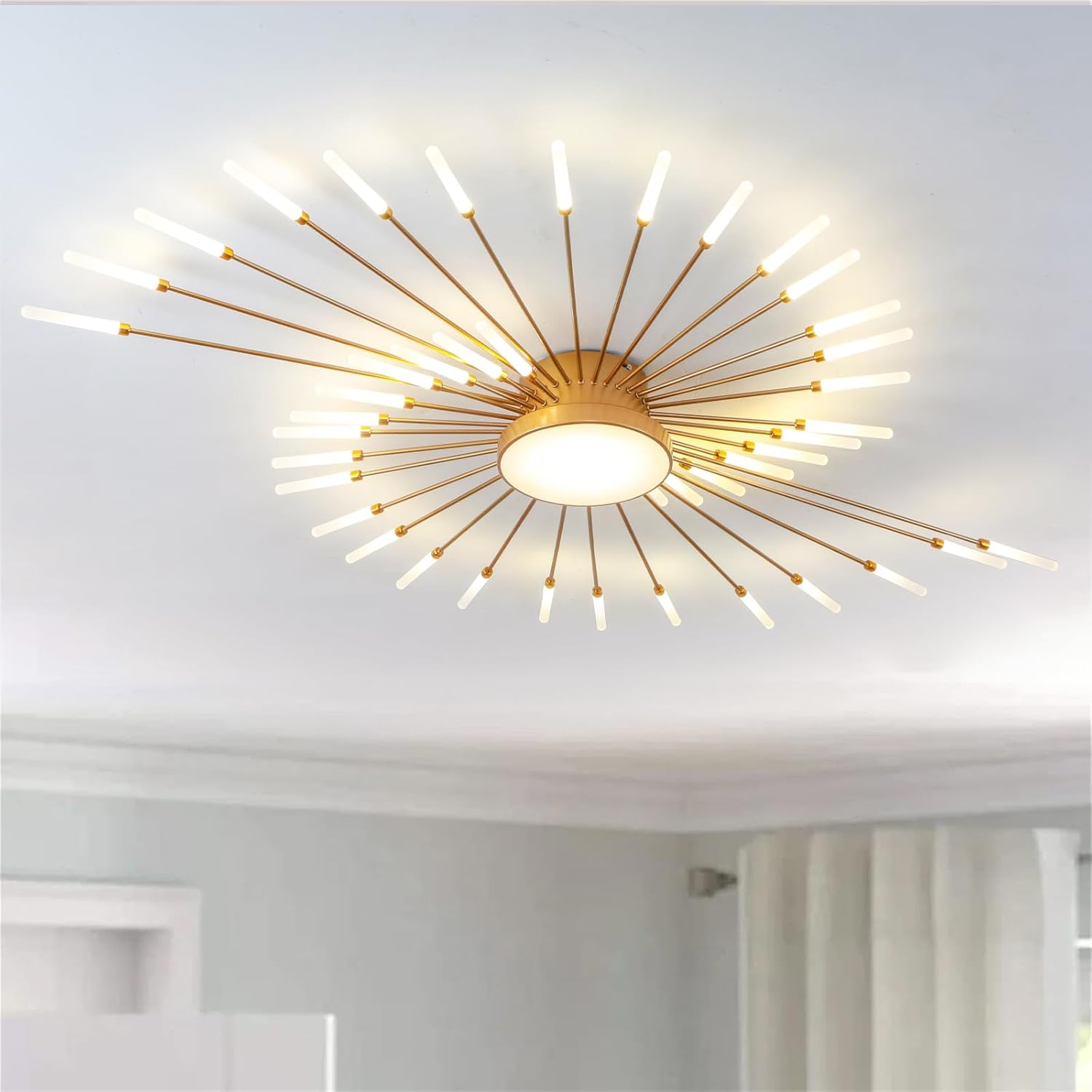 RRBEST Modern LED Ceiling Light,Living Room Ceiling Lamp,Flush Mount Lighting,Creative Fireworks Design Chandelier for Bedroom, Dining Room, Kitchen(Gold,42+1 Heads)