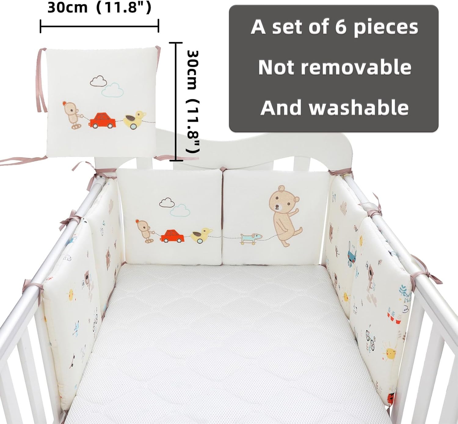 GYWZTJ Baby Cot Bumpers, Cot Bed Bumper Sets, Adjustable Baby Cot Bumper Set for Cot with Easy Install Velcro for All Sorts of Cribs, A Set Contains 6 Pieces of 30 × 30 cm Size Cot Bumper