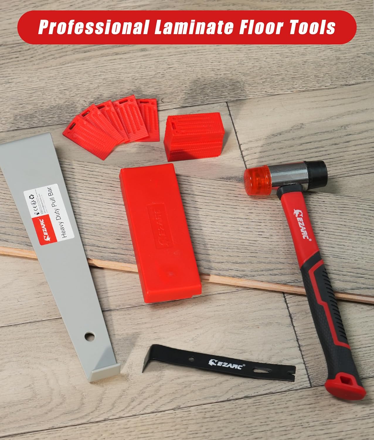EZARC Laminate Flooring Tools with Double-Faced Mallet, Heavy Duty Pull Bar, Tapping Block, Knee Pads and 50 Laminate Floor Spacers Laminate Flooring Kit for Wood Flooring Installation Tools