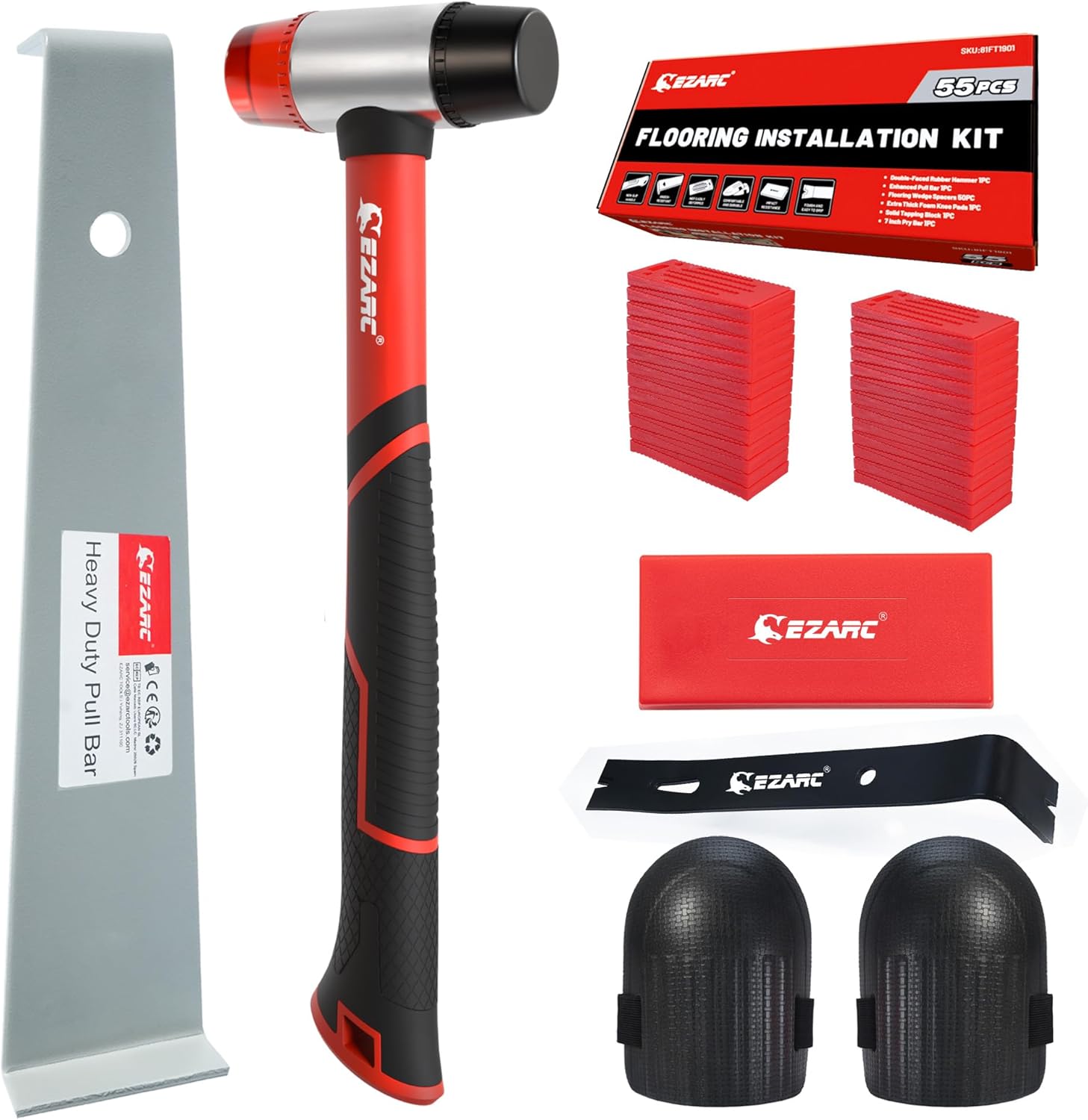 EZARC Laminate Flooring Tools with Double-Faced Mallet, Heavy Duty Pull Bar, Tapping Block, Knee Pads and 50 Laminate Floor Spacers Laminate Flooring Kit for Wood Flooring Installation Tools
