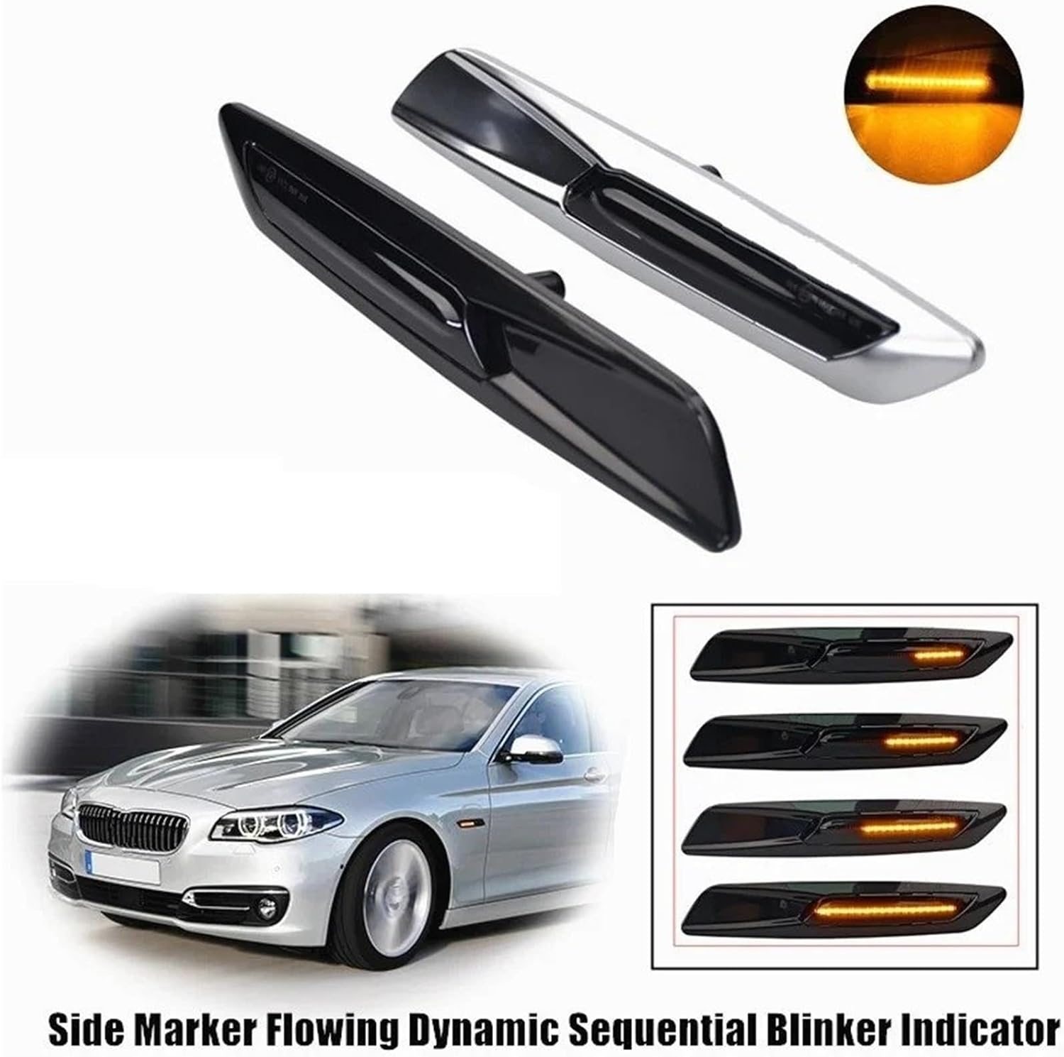 Turn Signal Light For BMW 1 3 5 Series F10 F30 E90 E91 E92 E93 E46 E60 E61 Dynamic 12V LED Side Marker Light Turn Signal Lamp Wing Mirror Indicator(Smoky black Lens)