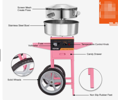Electric Cotton Candy Machine with Cart 1000W Commercial Floss Maker with Stainless Steel Bowl Sugar Scoop and Drawer