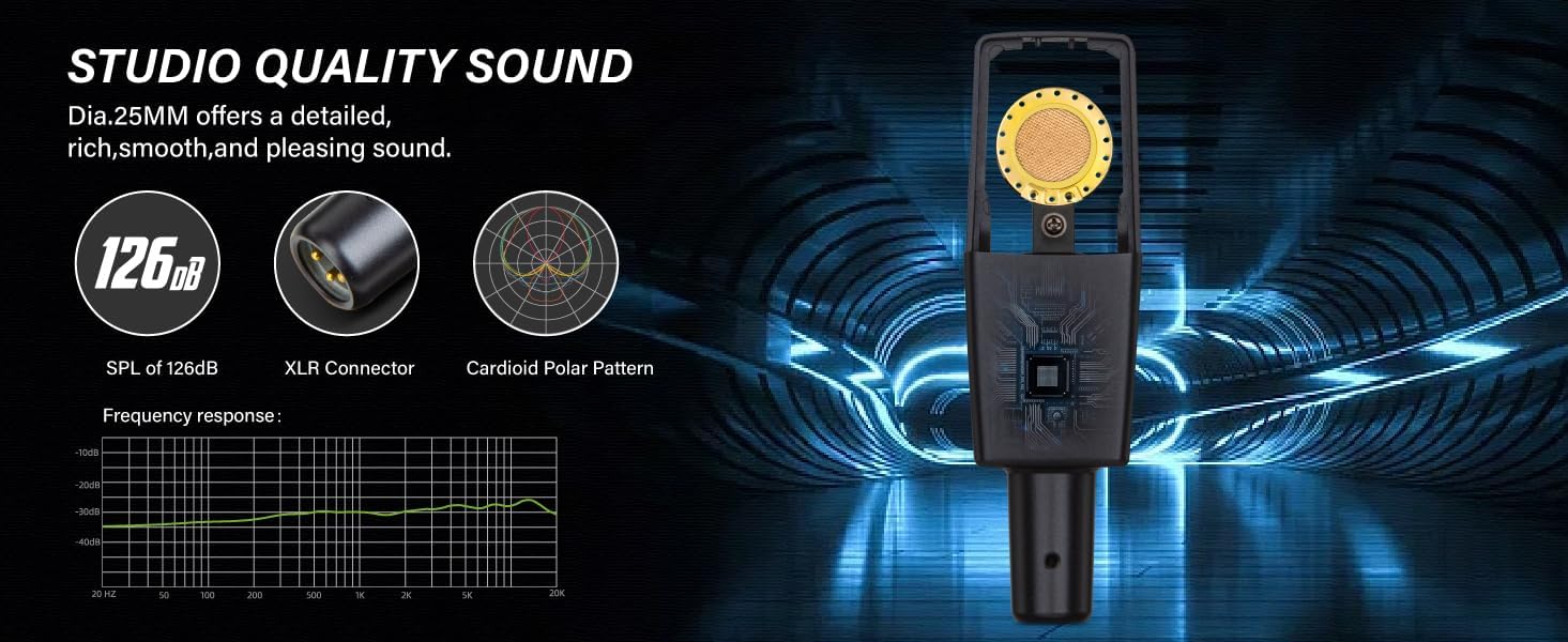 PROAR XLR Podcast Microphone Professional Cardioid Studio Condenser Microphone 25mm Large Diaphragm Computer PC Gaming Mic Kit with Upgrade Pop Filter for Vocal Recording,Streaming,YouTube C414