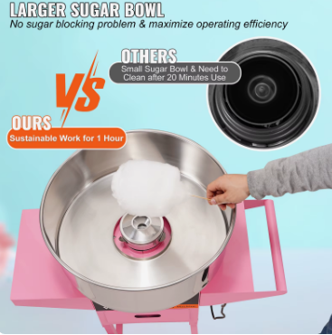 Electric Cotton Candy Machine with Cart 1000W Commercial Floss Maker with Stainless Steel Bowl Sugar Scoop and Drawer