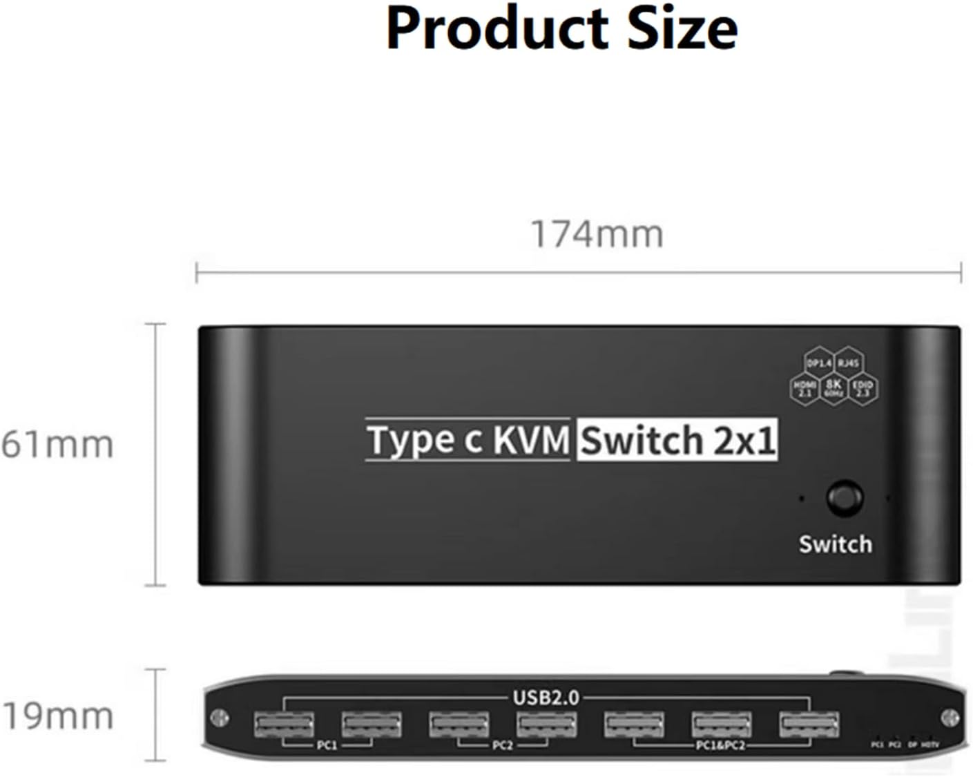 MOOKEENONE 2 in 1 Out KVM Switch Selector Box 2x1, for 2 Computer 1 Monitor Switch with 2x USB3.0 Data Cable