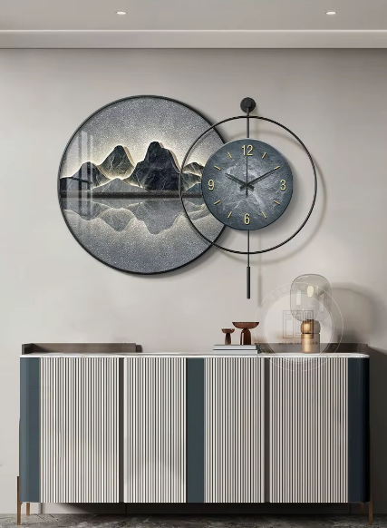 Decorative Painting With Clock Back, Hanging Painting, High-end Living Room Landscape Painting, High-end Light Luxury Mural