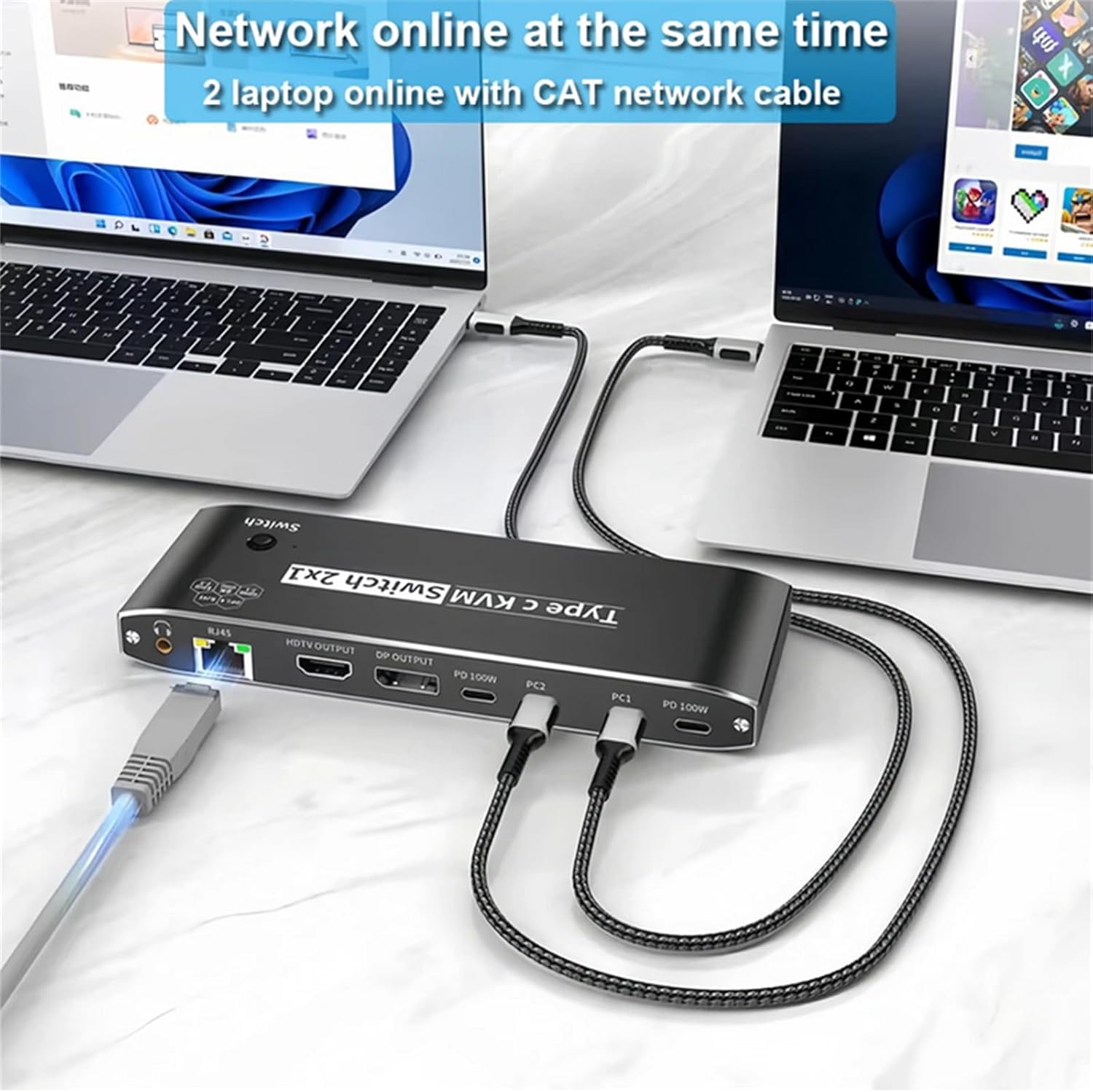 MOOKEENONE 2 in 1 Out KVM Switch Selector Box 2x1, for 2 Computer 1 Monitor Switch with 2x USB3.0 Data Cable