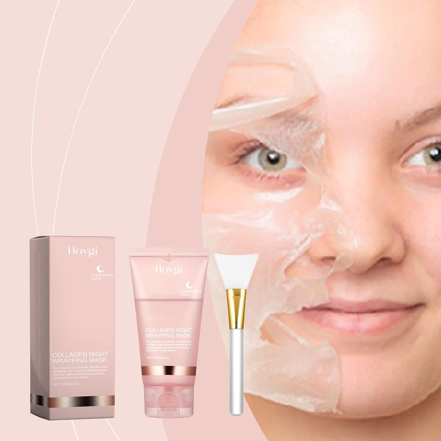 PlusBee Collagen Night Wrapping Mask 75g + Brush, Hydrating Overnight Peel Off Facial Mask, Perfect for Dry & Dehydrated Skin, Collagen Night Wrapping Mask for All Skin Types