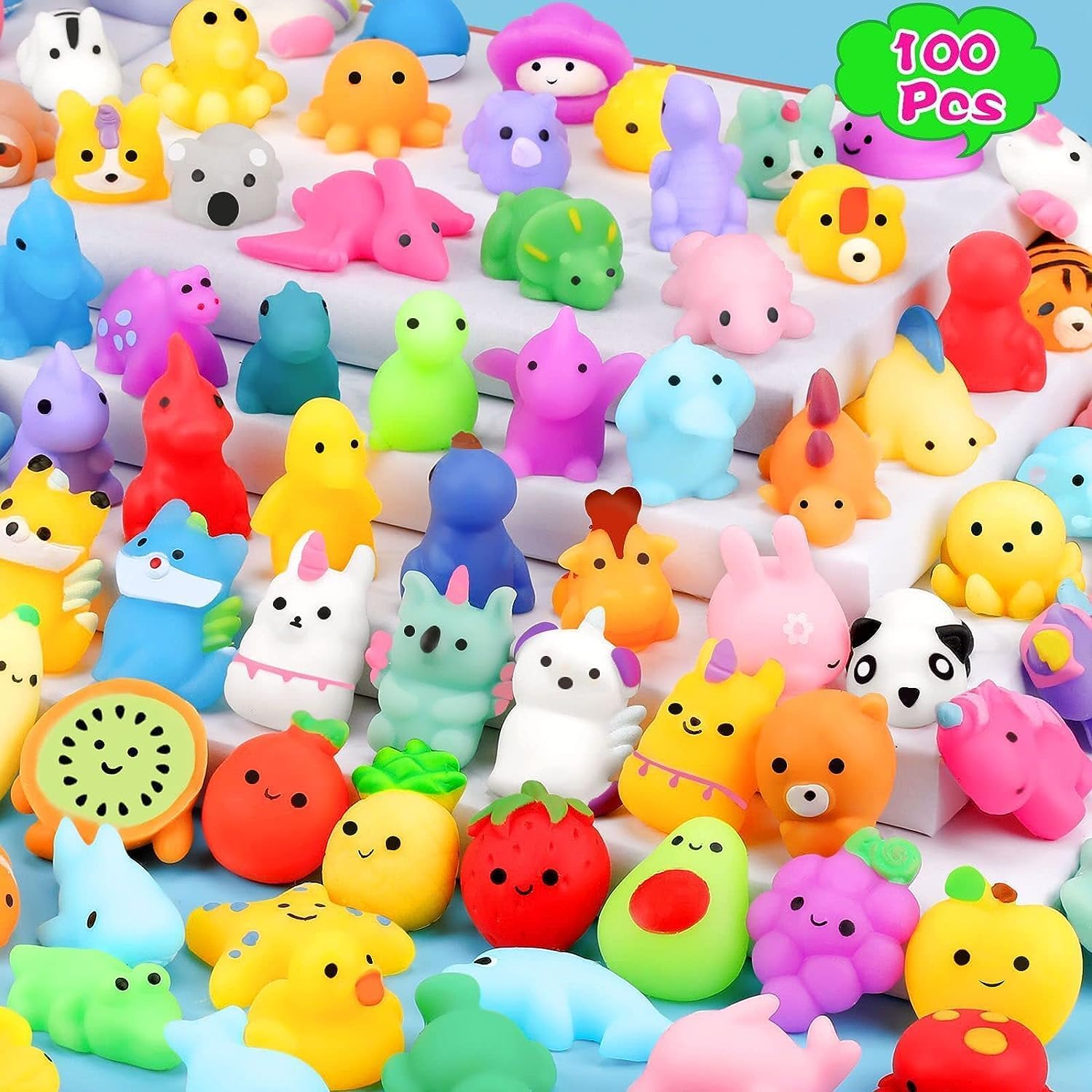 100Pcs Mochi Squishy Toys, Easter Squishies Fidget Toys Pack - Stress Relief Toys Party Bags Fillers for Easter Basket Stuffers Valentines Gifts Boys Girls Birthday Party Favors Gifts(Random)