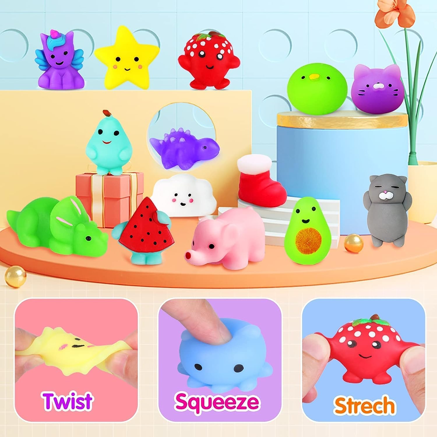 100Pcs Mochi Squishy Toys, Easter Squishies Fidget Toys Pack - Stress Relief Toys Party Bags Fillers for Easter Basket Stuffers Valentines Gifts Boys Girls Birthday Party Favors Gifts(Random)