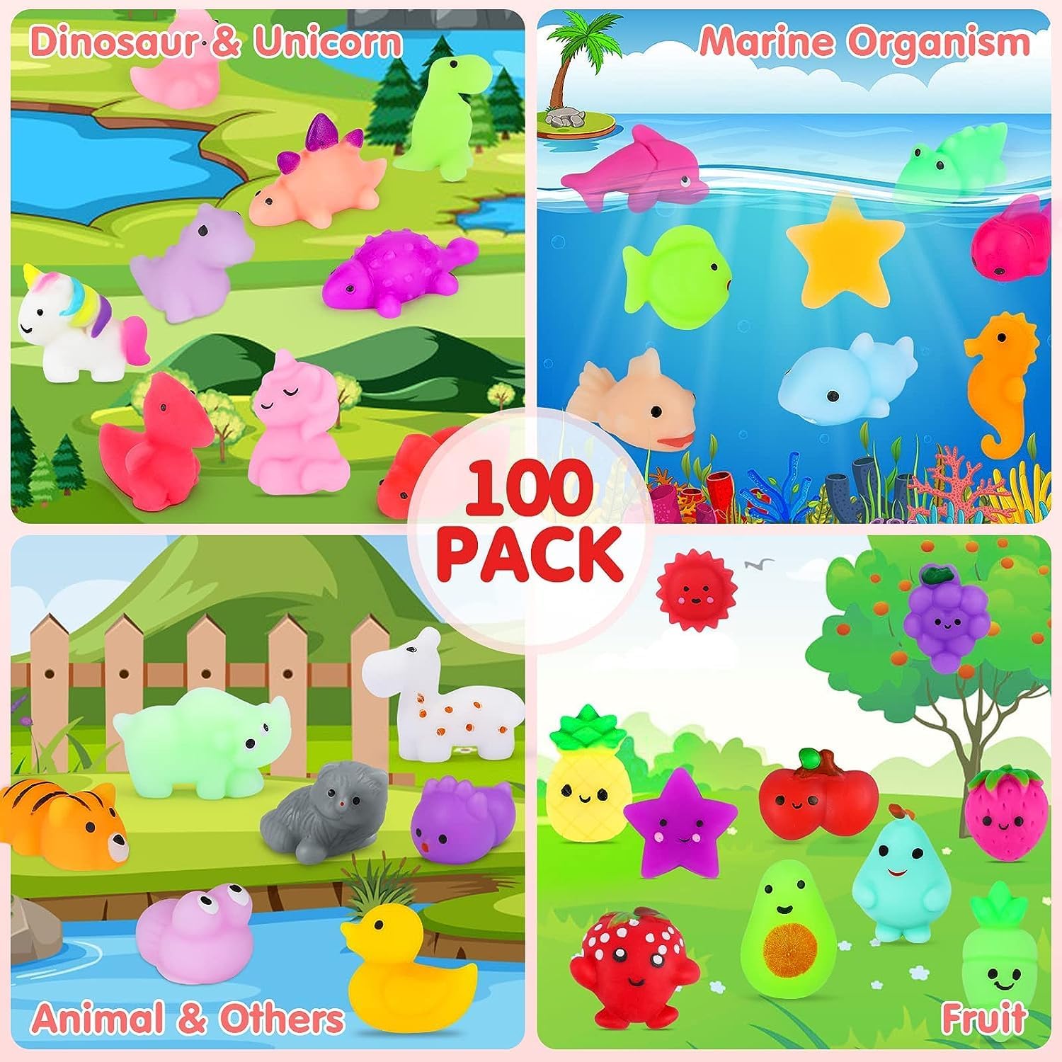 100Pcs Mochi Squishy Toys, Easter Squishies Fidget Toys Pack - Stress Relief Toys Party Bags Fillers for Easter Basket Stuffers Valentines Gifts Boys Girls Birthday Party Favors Gifts(Random)