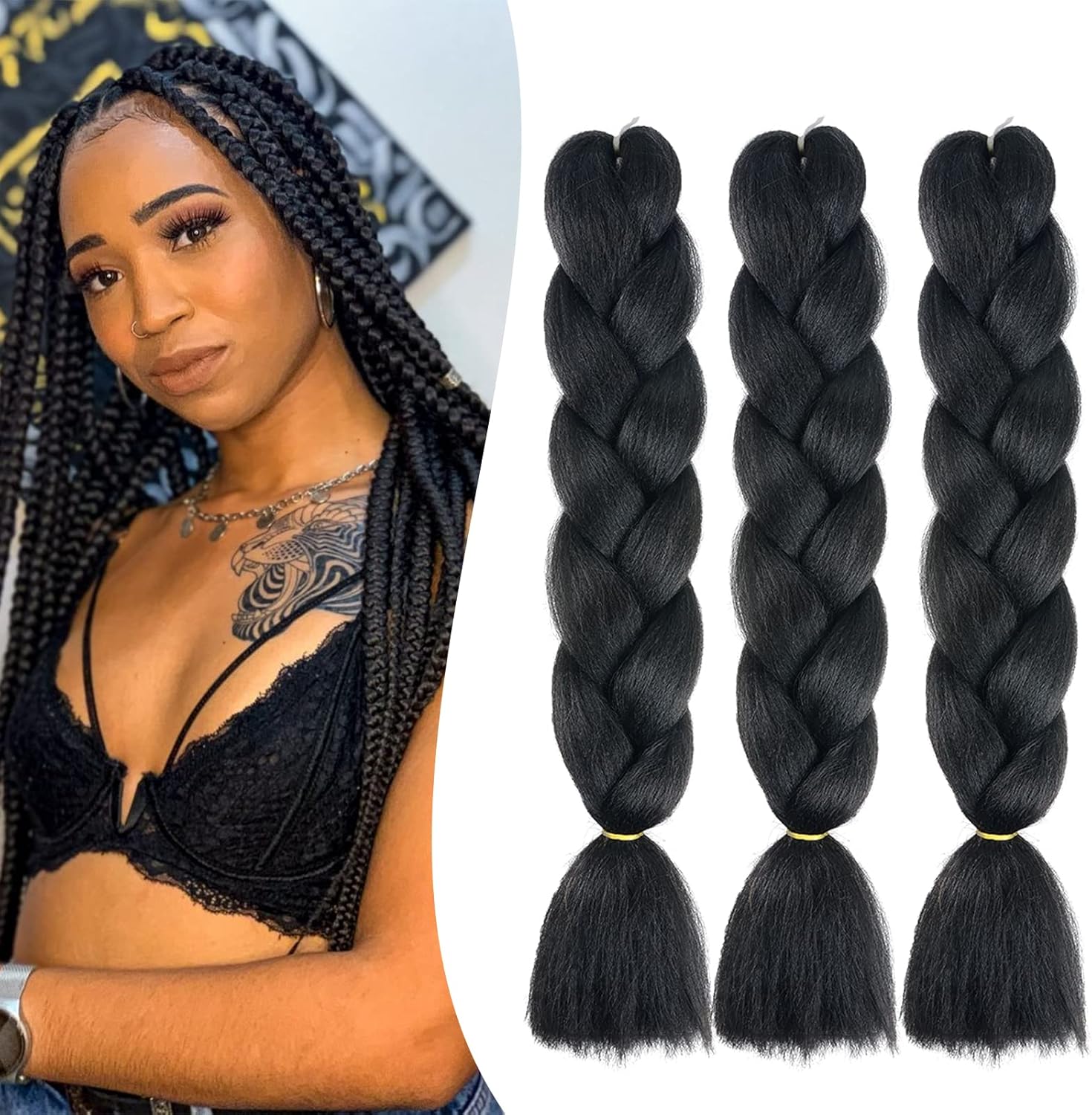 24" Braiding Hair Extension Jumbo Braids Synthetic 3bundles/pack Crochet Hair Afro Box Braid Heat Resistent (Black)