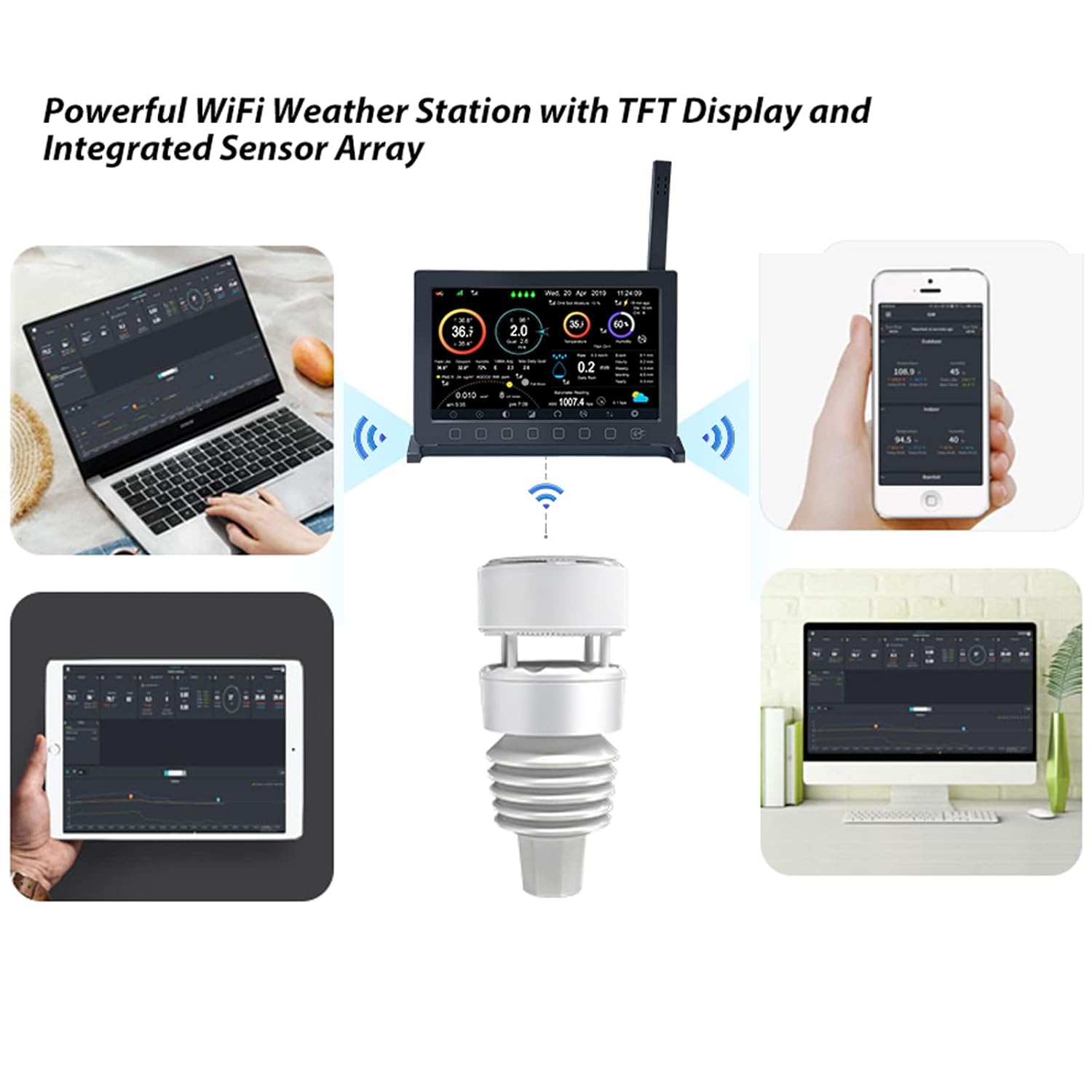 ECOWITT Weather Stations with Outdoor Sensor HP2564, Wifi Internet Radio 7 in 1 Weather Station, Rain Gauge, Weather Forecast, Anemometer, Indoor TFT Color Display with Touch Button for Home Garden