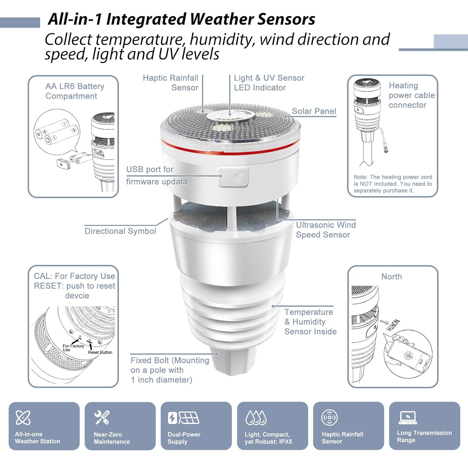 ECOWITT Weather Stations with Outdoor Sensor HP2564, Wifi Internet Radio 7 in 1 Weather Station, Rain Gauge, Weather Forecast, Anemometer, Indoor TFT Color Display with Touch Button for Home Garden